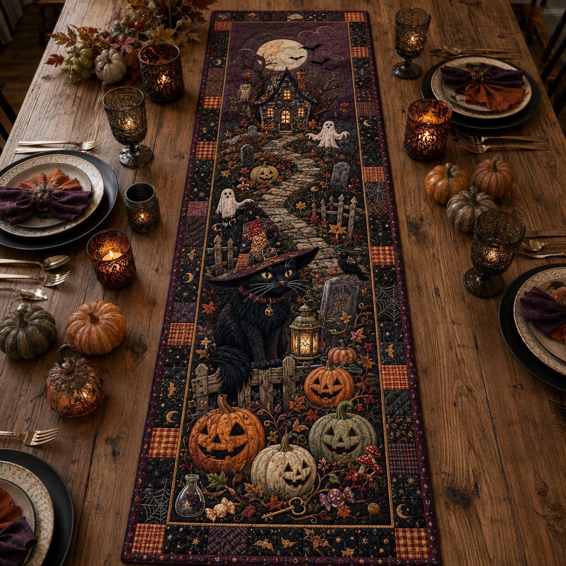 Halloween Black Cat Quilt Table Runner Spooky Decor Merch Gift For Daughter