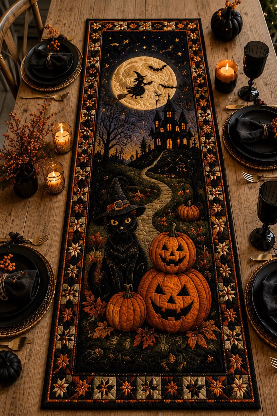 Halloween Black Cat Quilt Table Runner Spooky Pumpkin Merch Gift For Couples