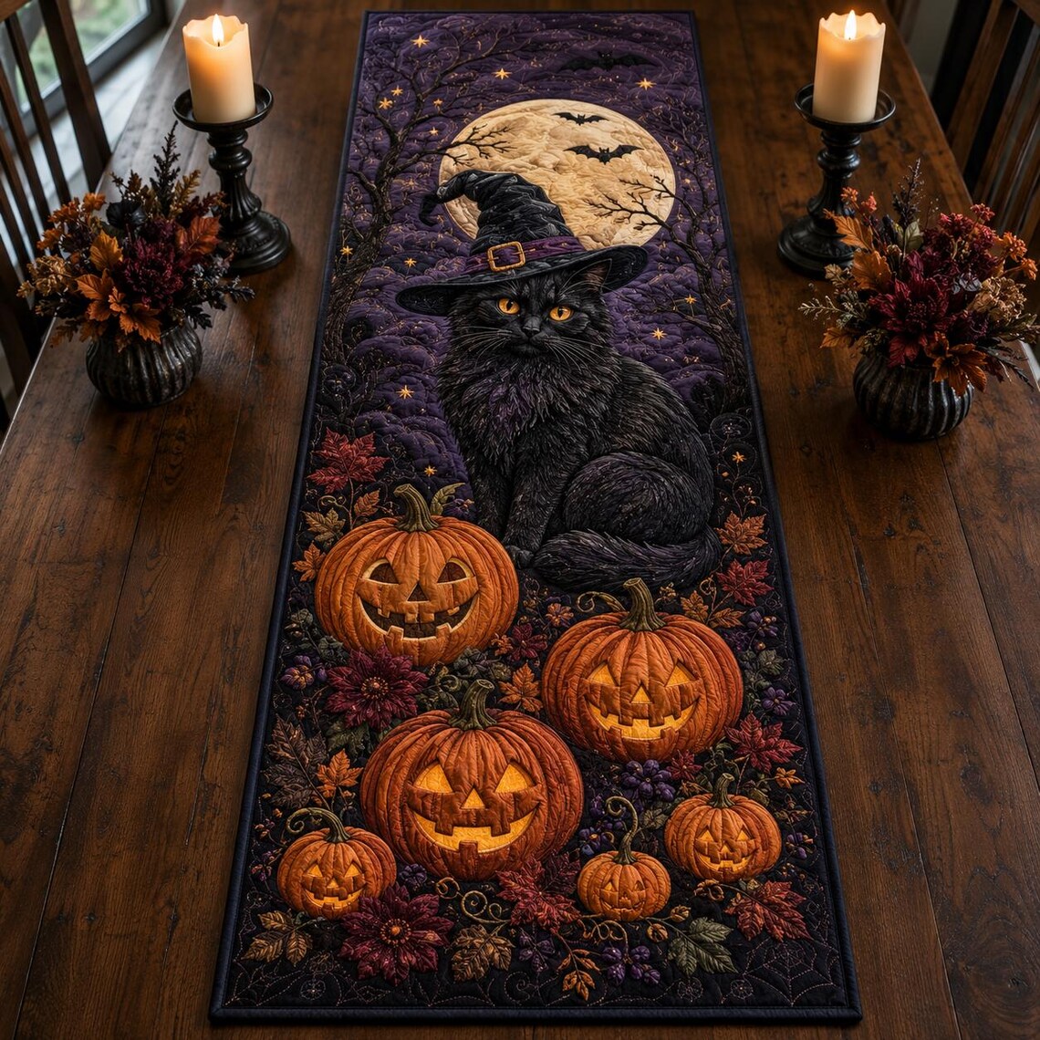 Halloween Black Cat Quilt Table Runner Spooky Witch Merch Gift For Roommate