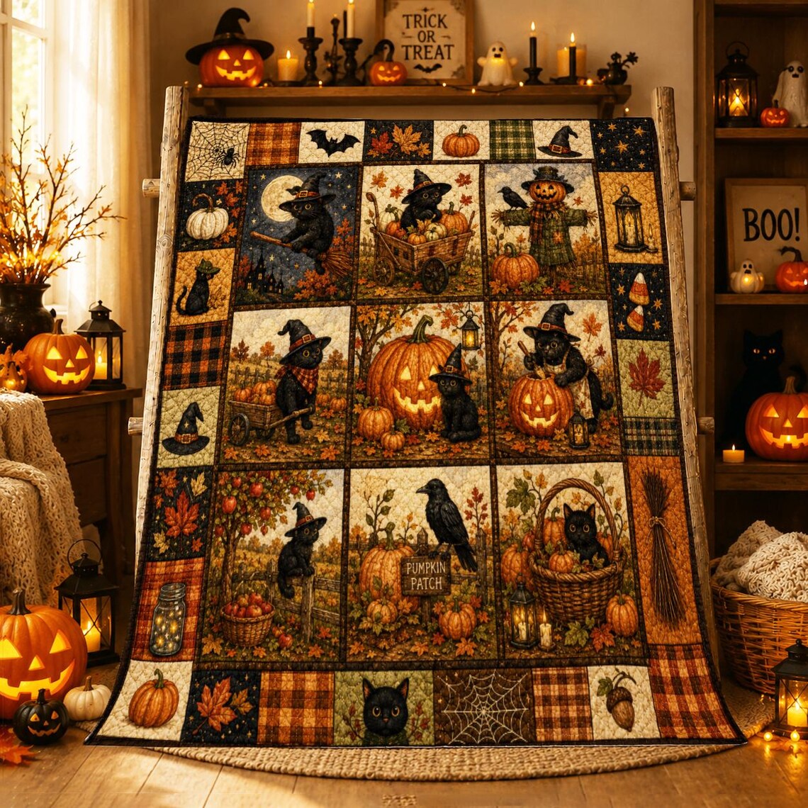 Halloween Black Cat Quilted Blanket Spooky Pumpkin Patch Throw Cozy Autumn Decor Gift