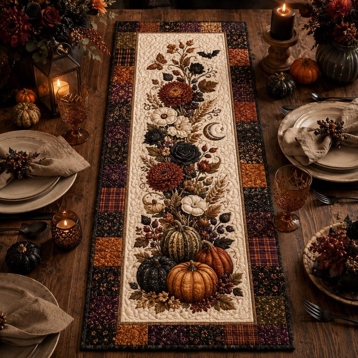 Halloween Botanical Quilt Table Runner Gothic Pumpkin Floral Table Decor Fall Farmhouse Gift