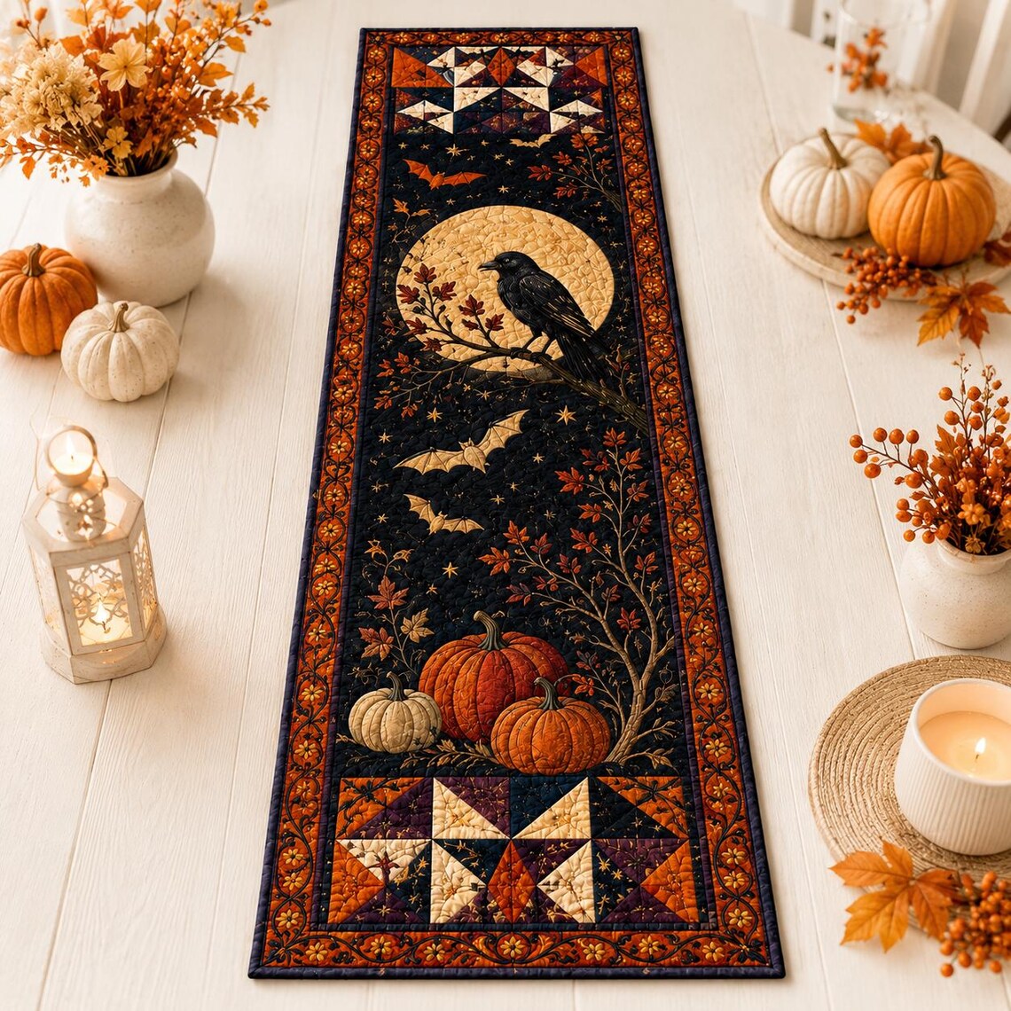 Halloween Crow Raven Moon Quilt Table Runner Pumpkin Runner Gothic Gift