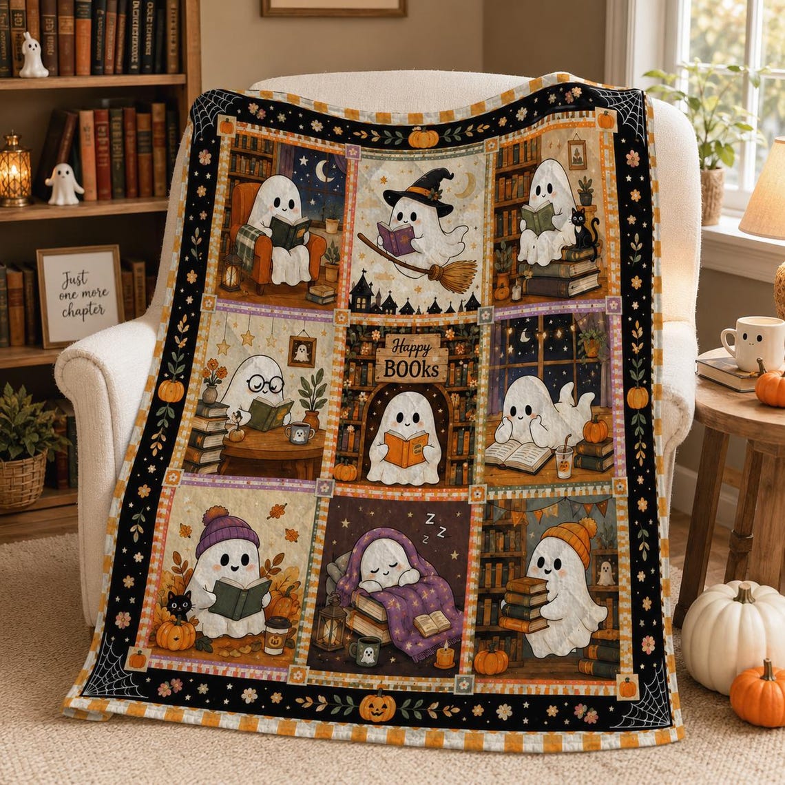 Halloween Cute Ghost Reading Quilt Blanket Cozy Bookish Throw Book Lover Gift Ideas