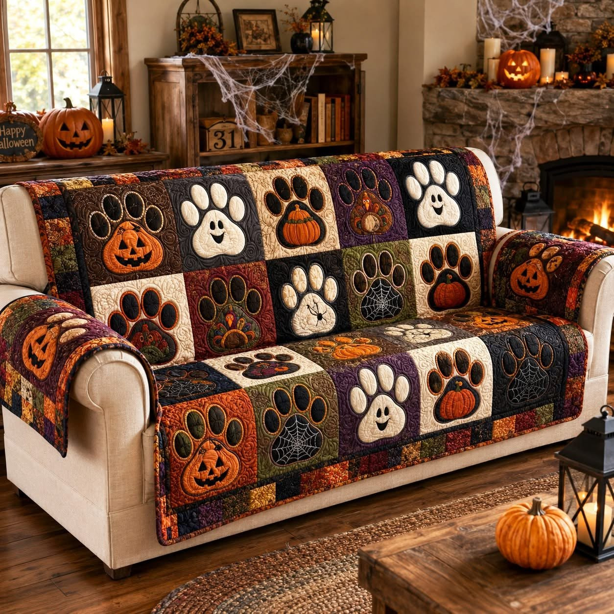 Halloween Dog Paw Quilt Sofa Cover Ghost Pumpkin Spooky Pet Paw Patchwork Fall Home Decor Gift Ideas