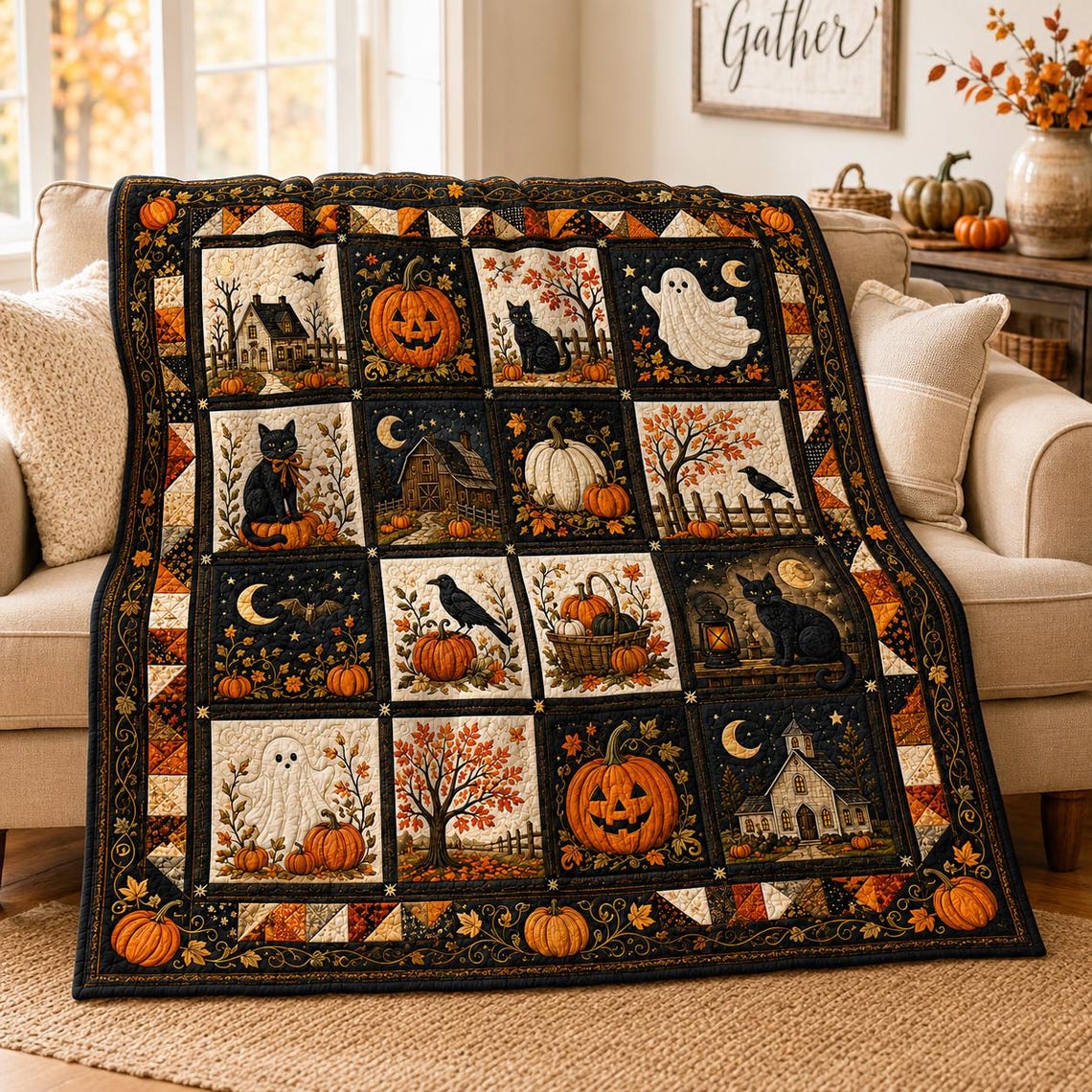 Halloween Garden Quilt Blanket Witch Broom Cauldron Candle Bat Moon Pumpkin Black Cat Throw