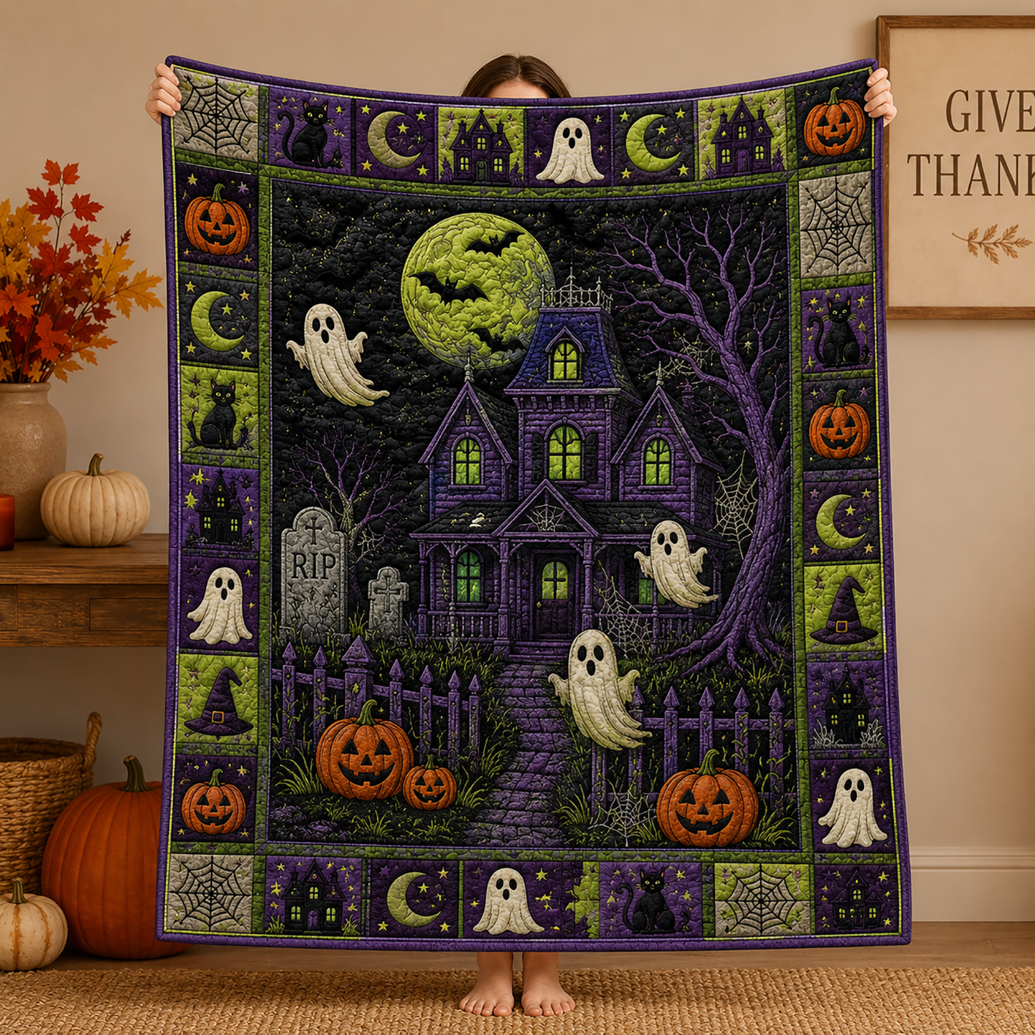 Halloween Ghost Blanket Pumpkin Quilt Blanket Spooky Gothic Halloween Throw Witchy Fall Gift
