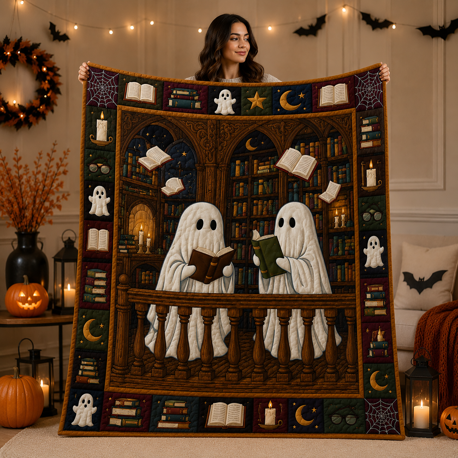 Halloween Ghost Library Quilt Blanket Book Lover Spooky Reading Ghost Throw Halloween Decor Gift