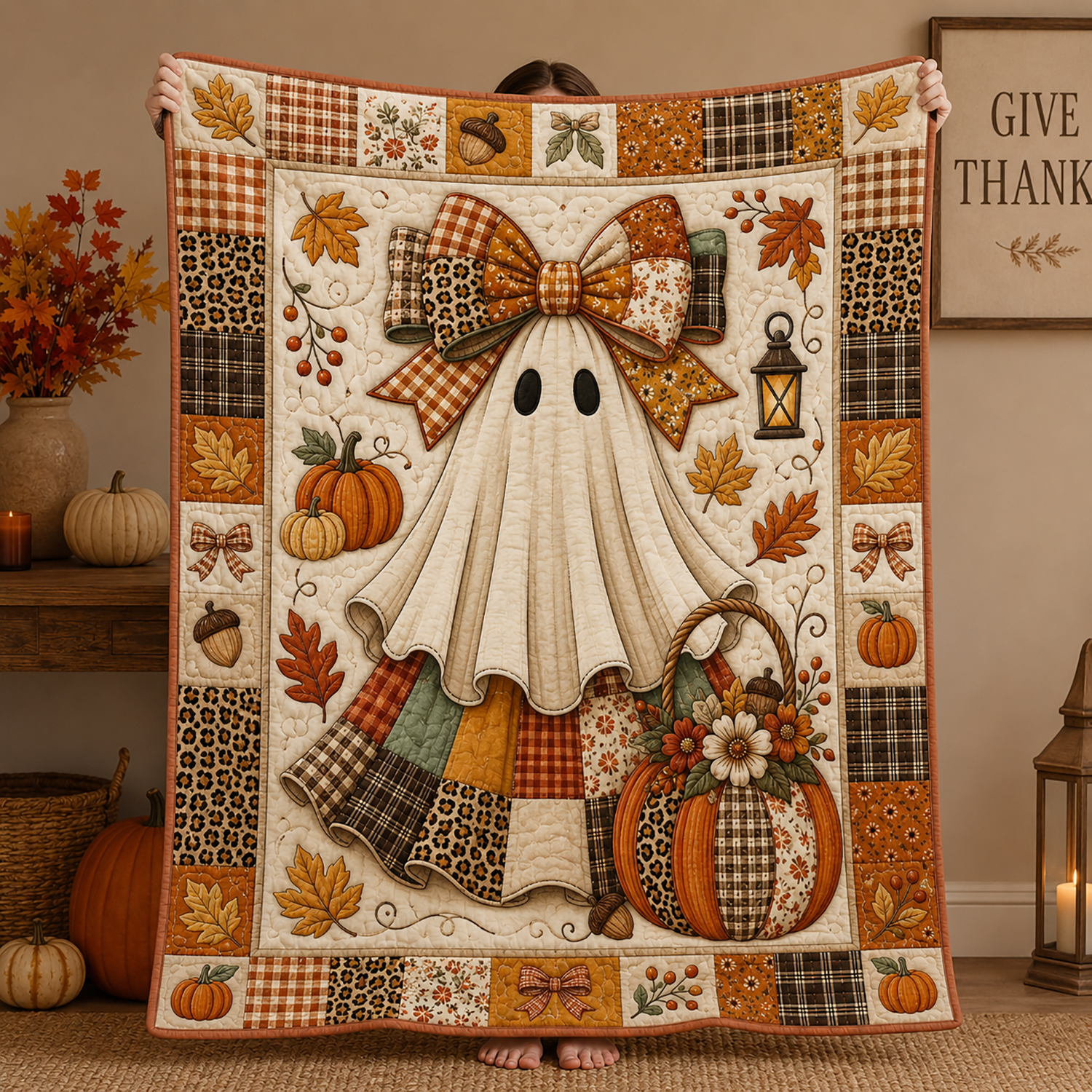 Halloween Ghost Quilt Blanket Coquette Ghost Pumpkin Patch Throw Fall Farmhouse Decor Gift
