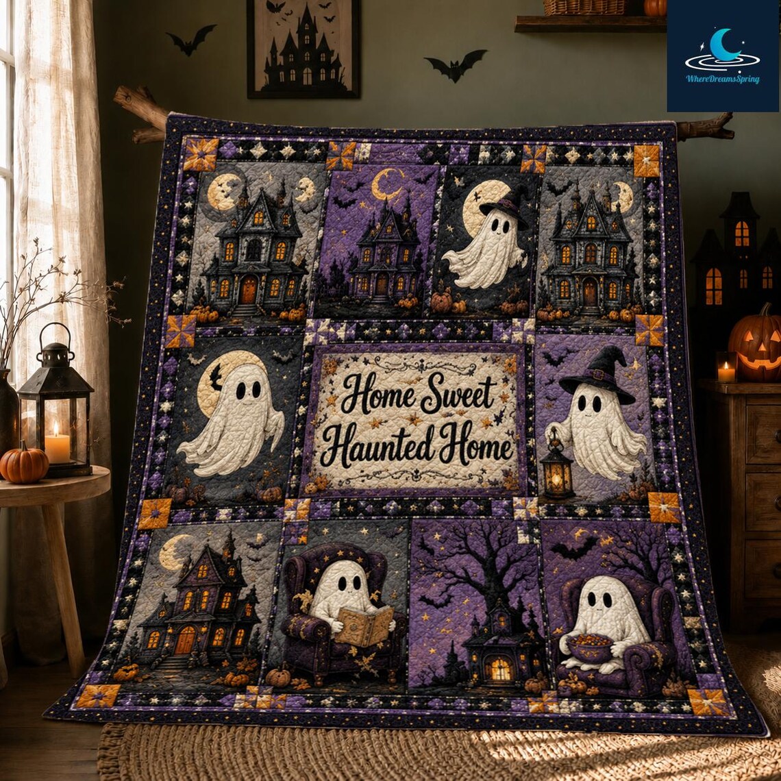 Halloween Ghost Quilt Blanket Home Sweet Haunted Home Throw Gift Ideas