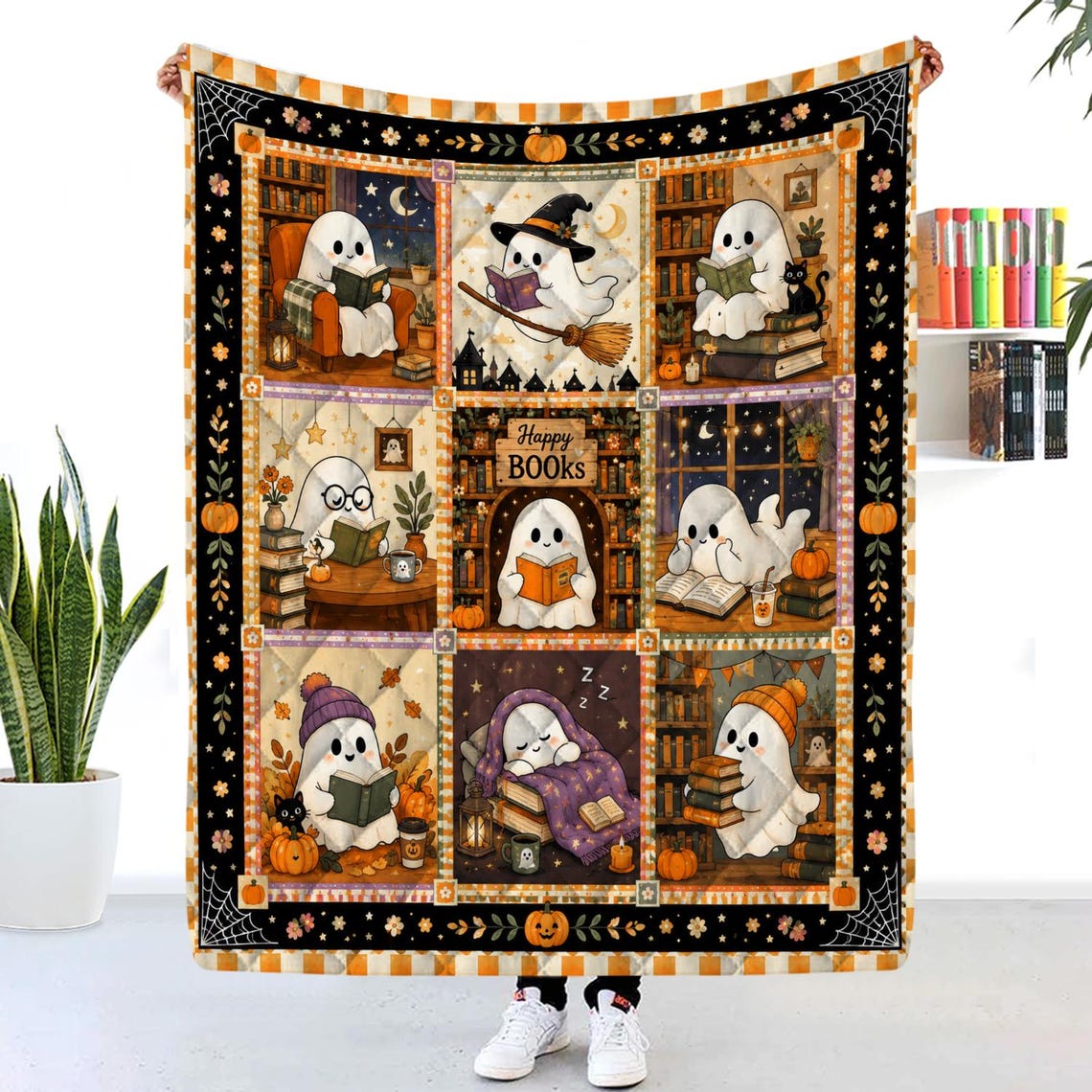 Halloween Ghost Reading Quilt Blanket Boo Patchwork Throw Book Lover Gift
