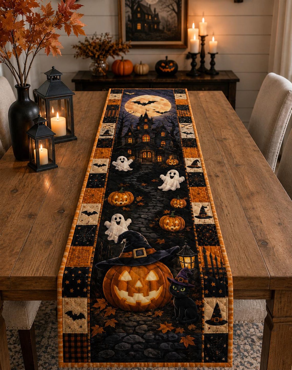 Halloween Haunted House Quilt Table Runner Pumpkin Ghost Decor Merch Gift For New Home