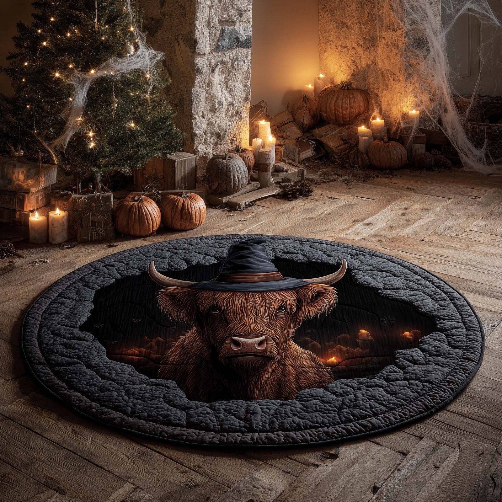 Halloween Highland Cow Quilted Round Mat Cow Witch Halloween Merch Best Spooky Season Gifts