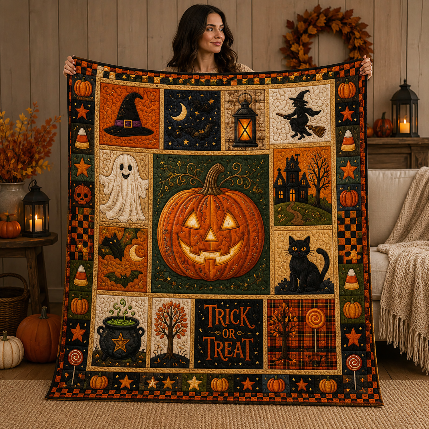 Halloween Patchwork Quilt Blanket Black Cat Ghost Pumpkin Throw Rustic Autumn Patchwork Gift