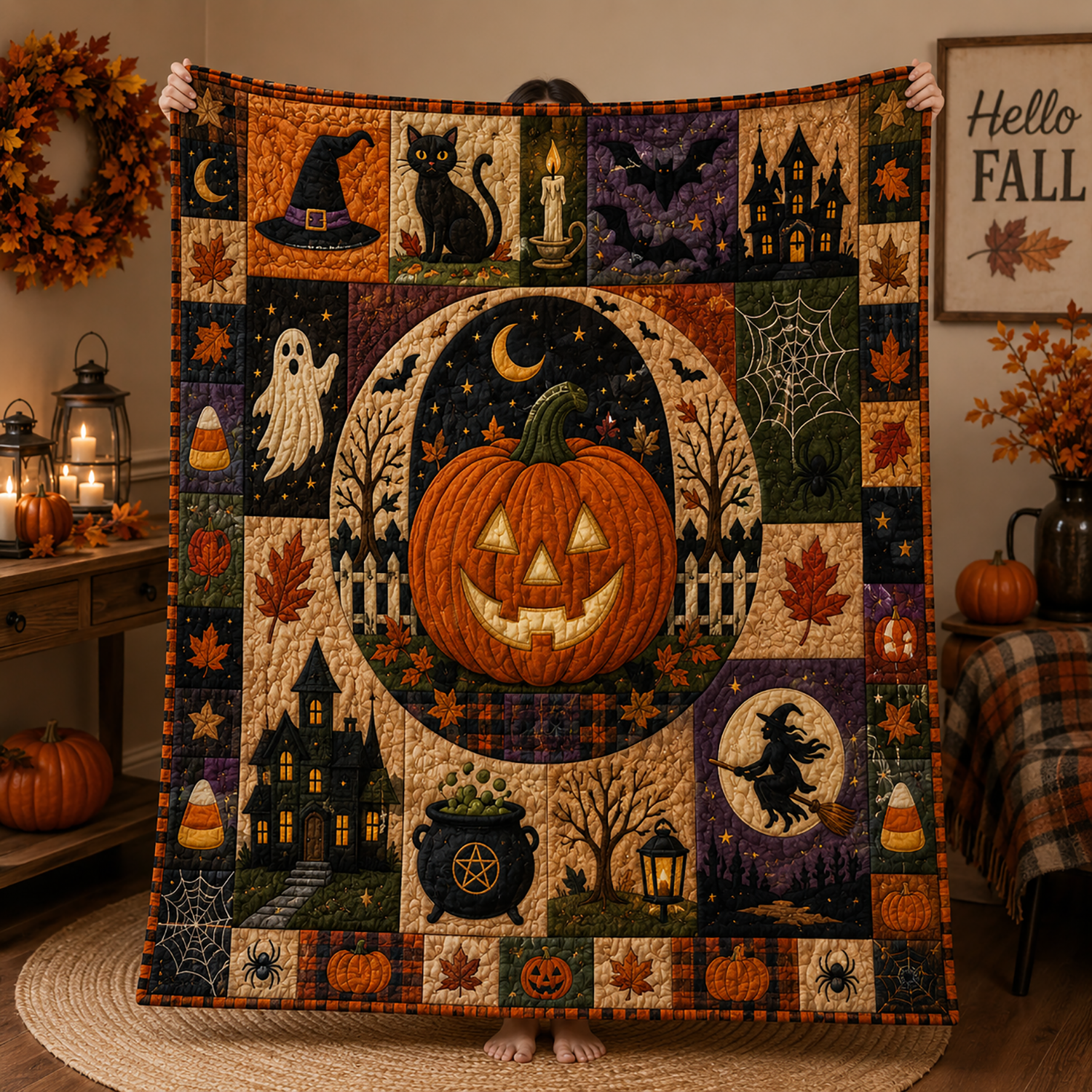 Halloween Patchwork Quilt Blanket Pumpkin Ghost Spooky Fall Throw Halloween Bedroom Gift