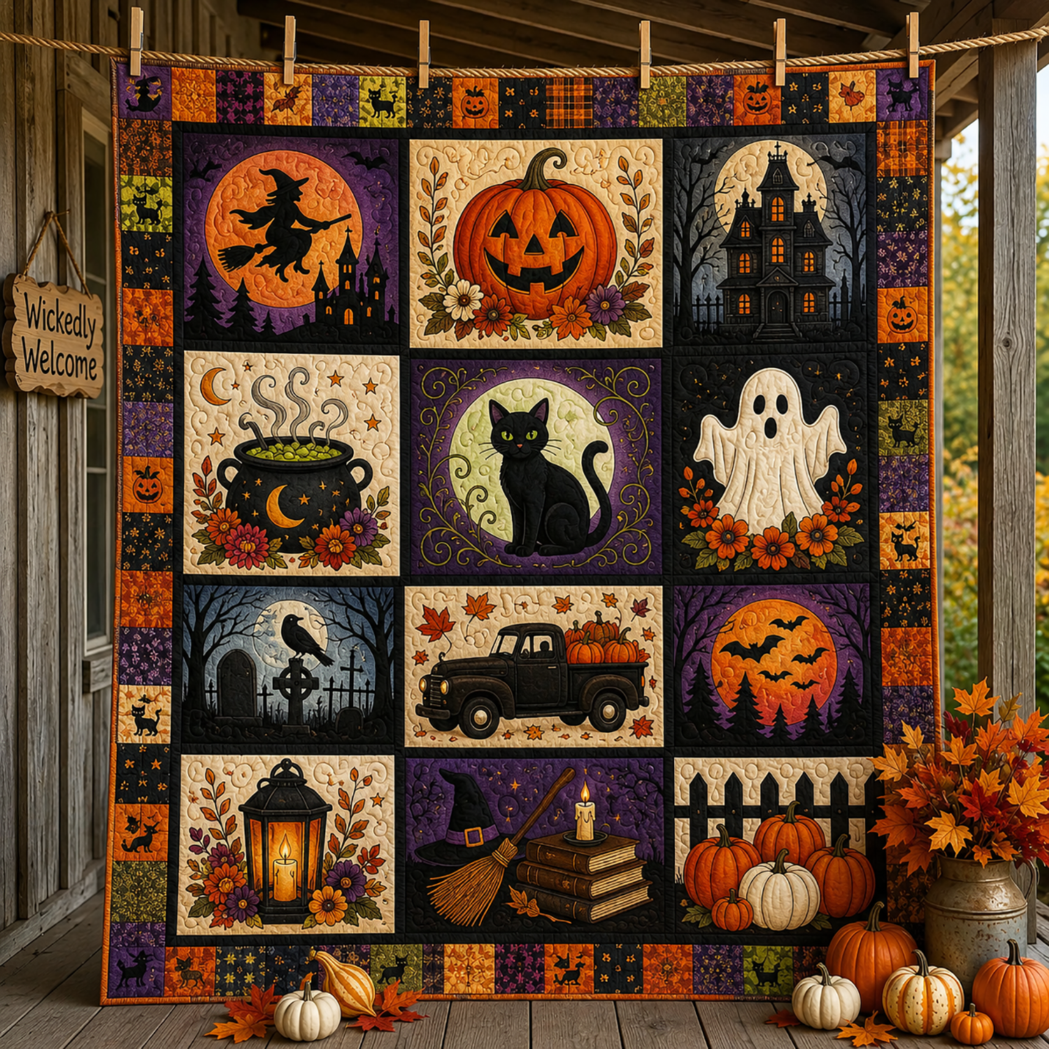 Halloween Patchwork Quilt Blanket Spooky Pumpkin Ghost Witch Throw Halloween Decor Gift