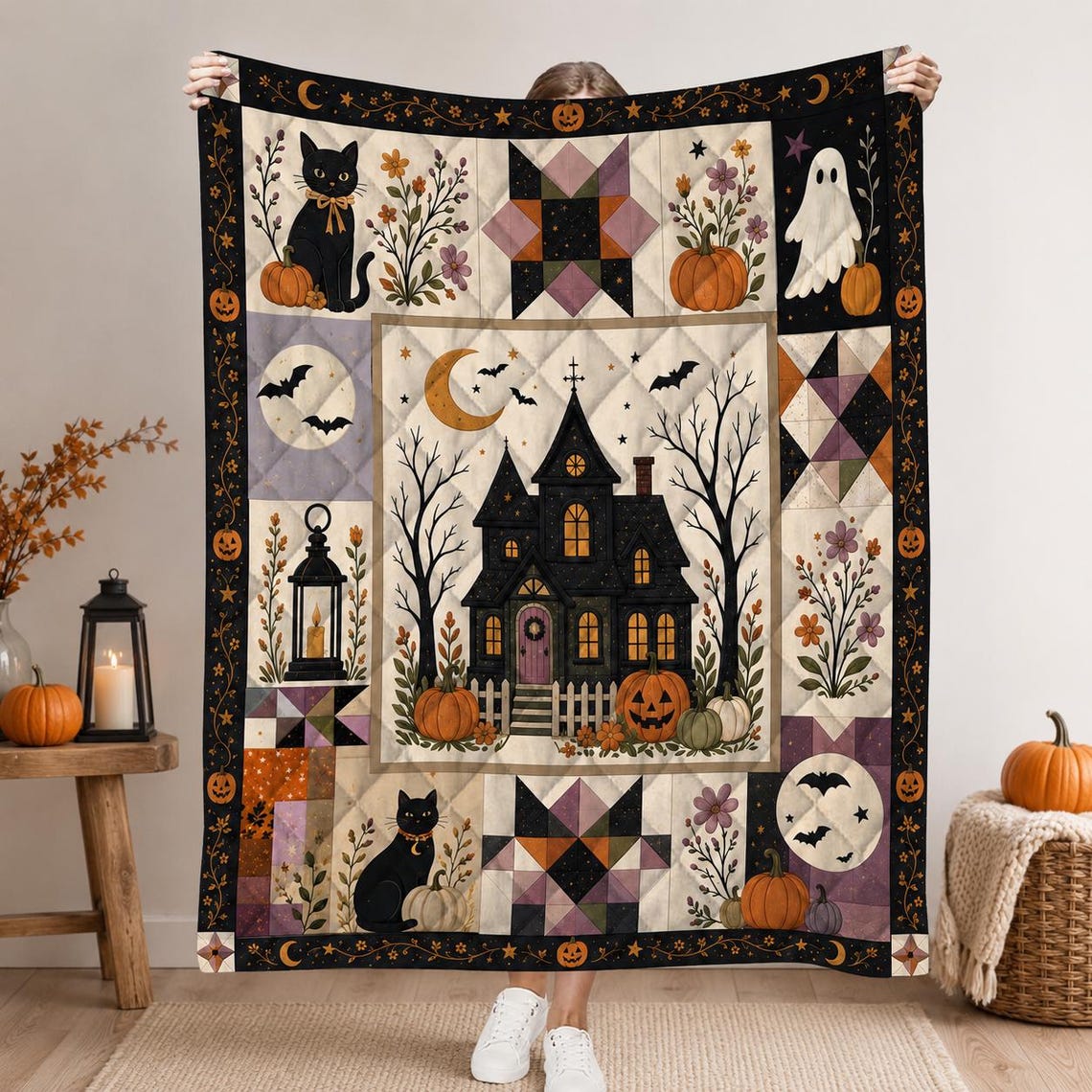 Halloween Patchwork Quilt Blanket Spooky Season Ghost Pumpkin Throw Gift For Black Cat Lover