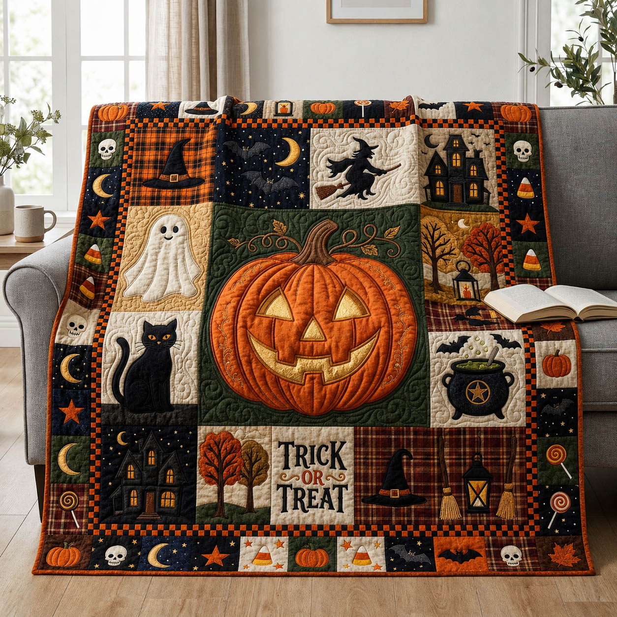 Halloween Patchwork Quilted Blanket Fall Harvest Bedding Spooky Halloween Merch Gift Decor