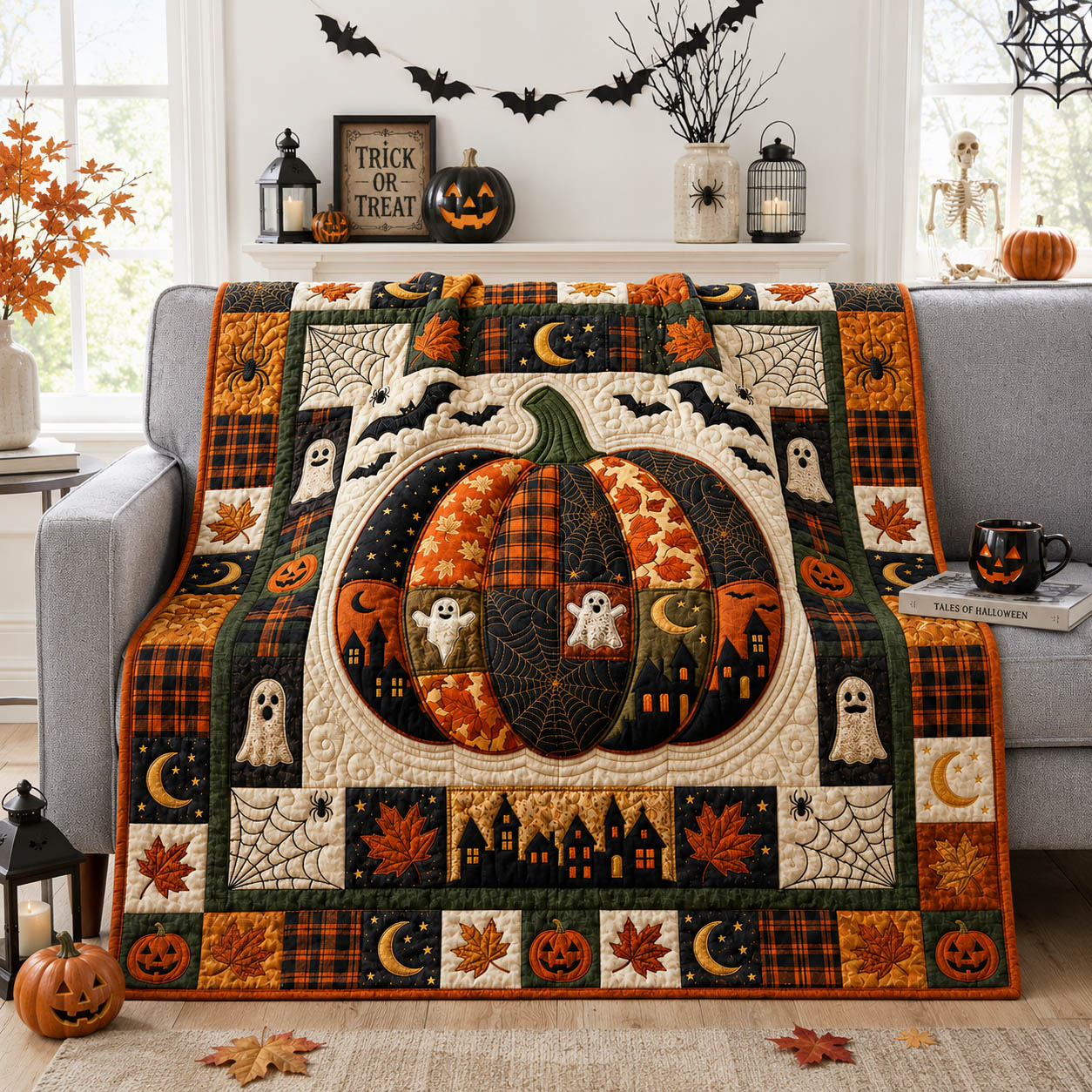 Halloween Patchwork Quilted Blanket Pumpkin Ghost Houses Merch Unique Room Decor Gifts