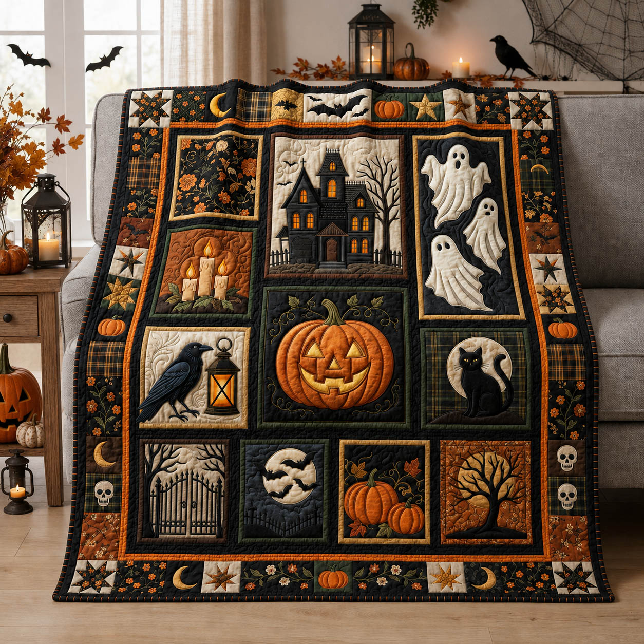 Halloween Patchwork Quilted Blanket Pumpkin Halloween Quilt Merch Gift For House Lover