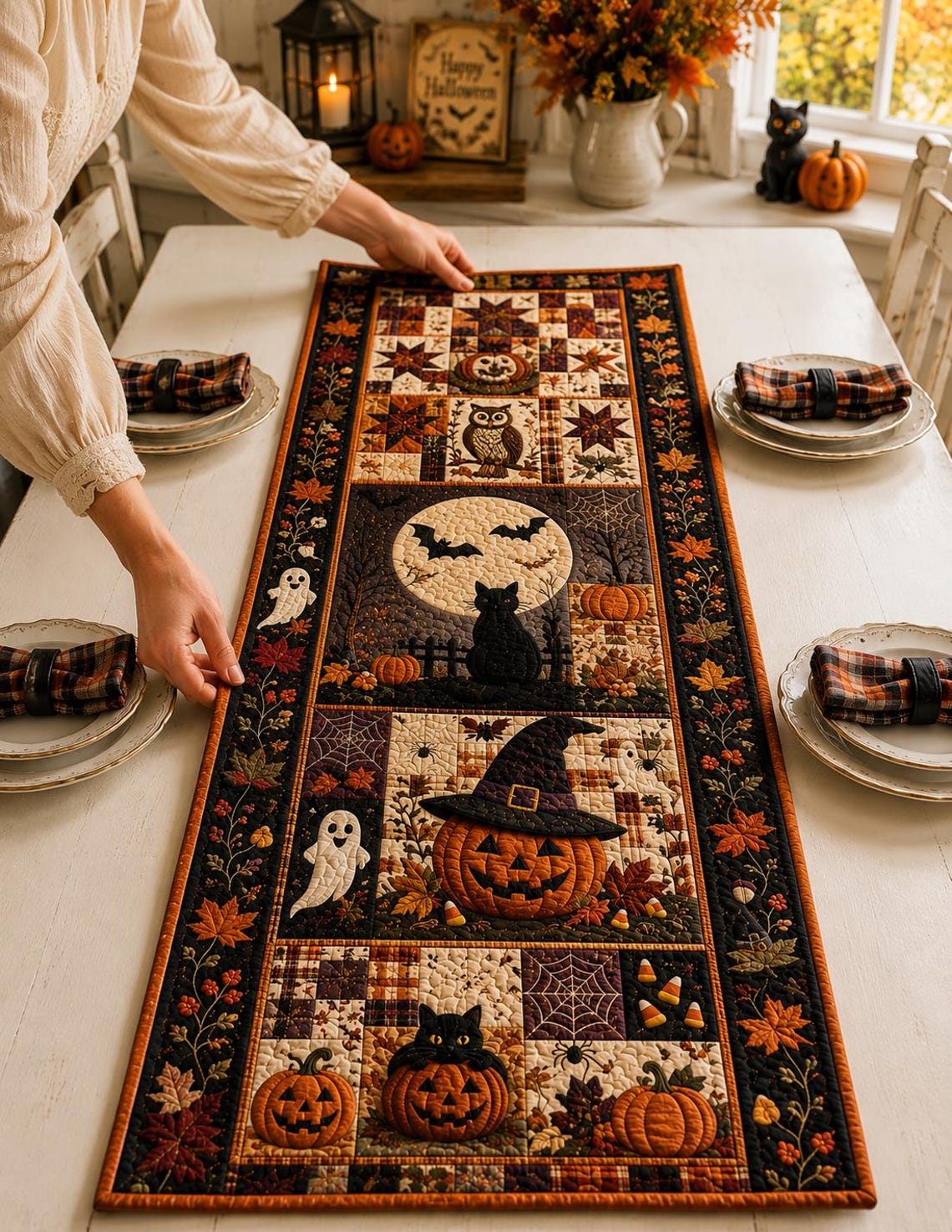 Halloween Patchwork Quilted Table Runner Black Cat Pumpkin Ghost Merch Rustic Farmhouse Gift