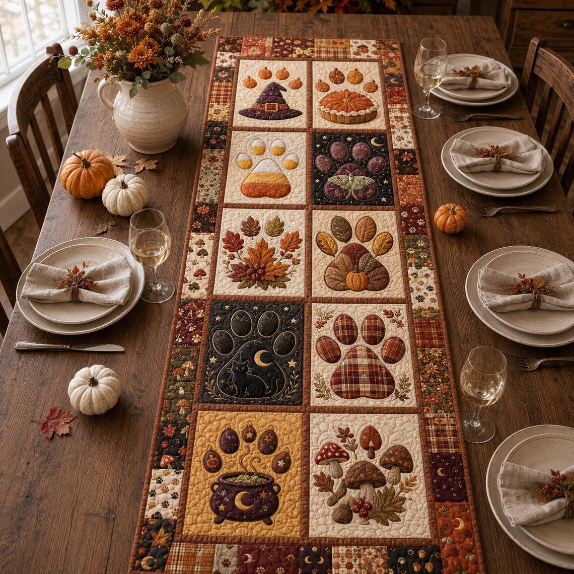 Halloween Paw Print Quilt Table Runner Fall Autumn Decor Merch Gift For Grandma