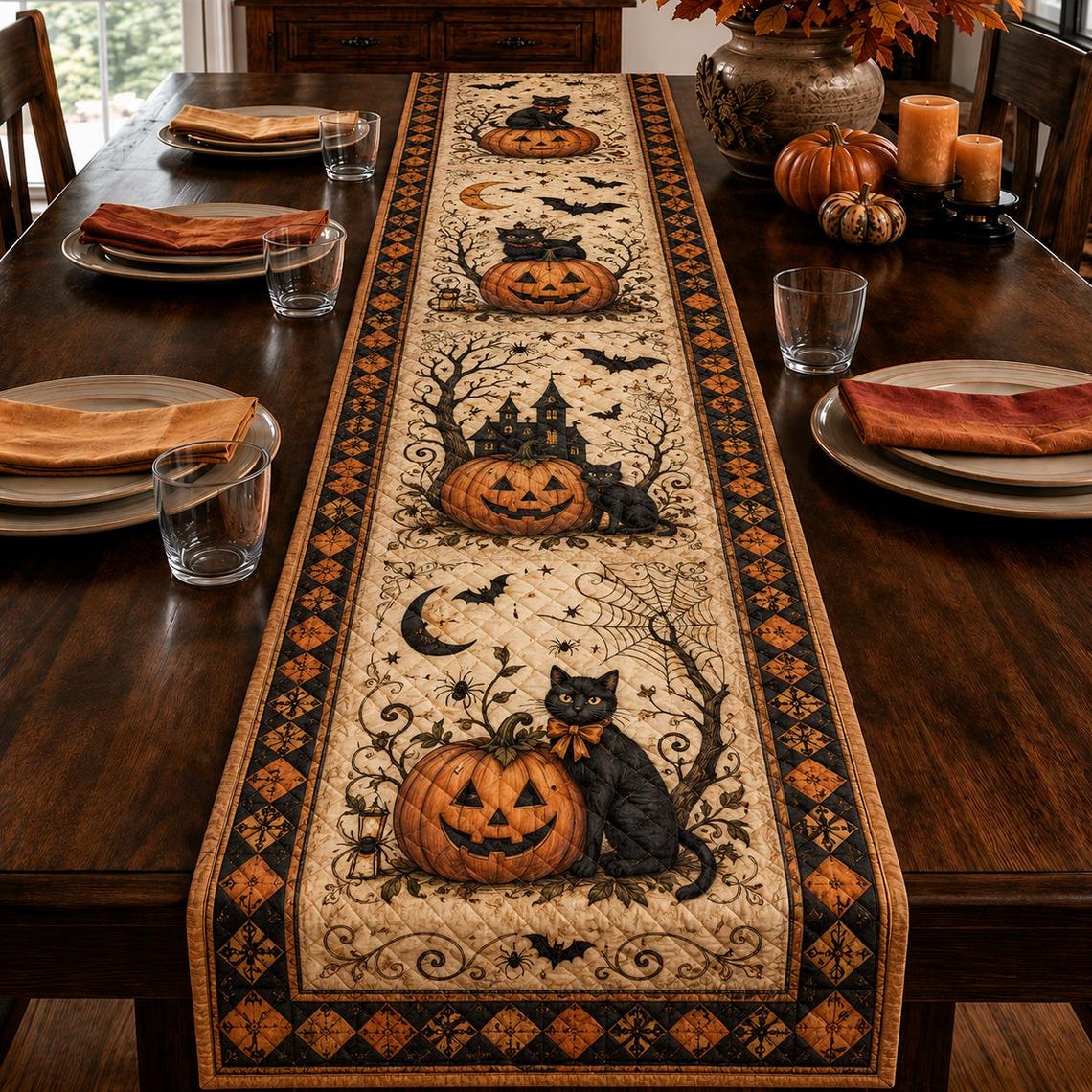 Halloween Pumpkin Black Cat Quilt Table Runner Spooky Fall Decor Merch Gift For Her
