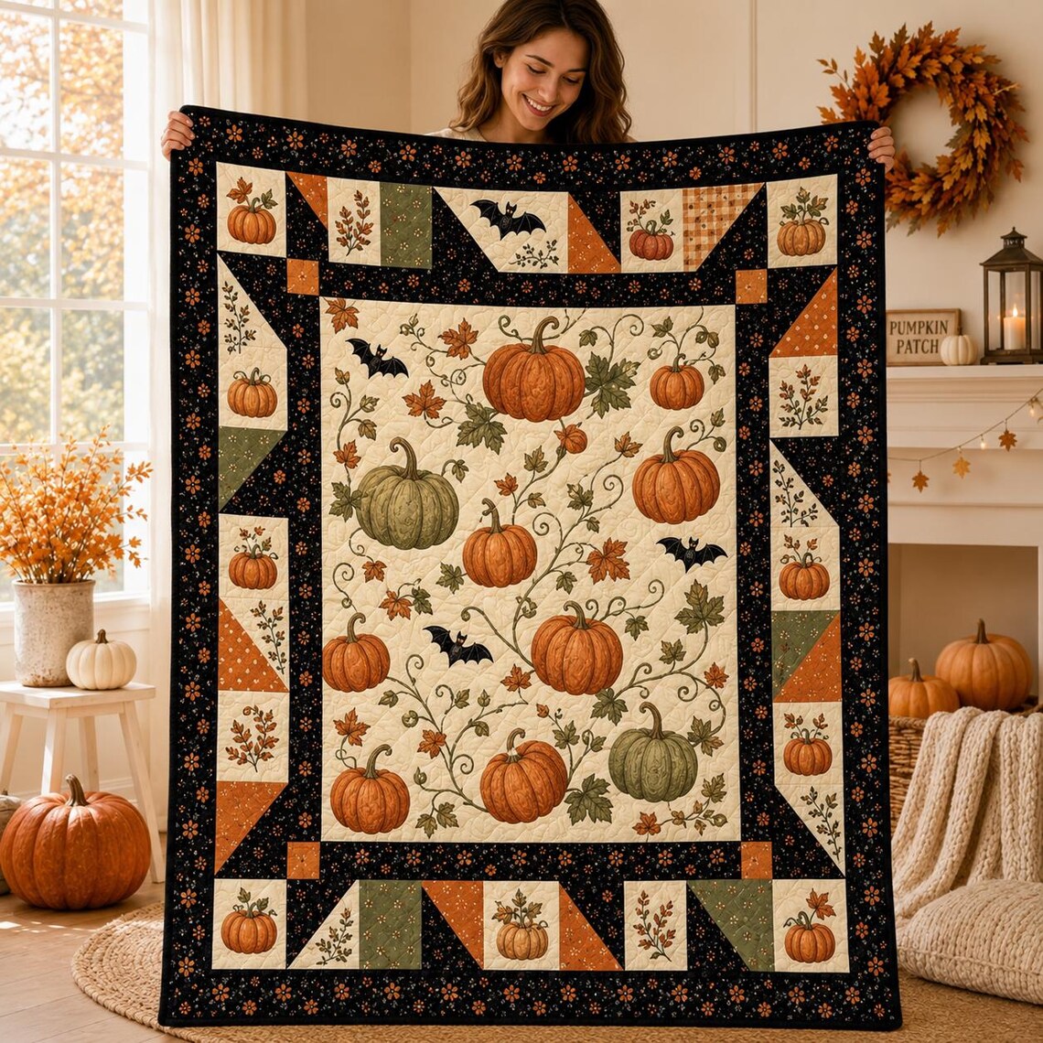 Halloween Pumpkin Quilt Blanket Floral Flying Bat Patchwork Throw Autumn Decor Gift