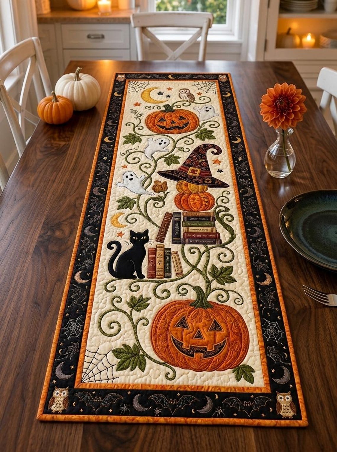 Halloween Pumpkin Quilt Table Runner Black Cat Ghost Table Merch Gift For Teachers