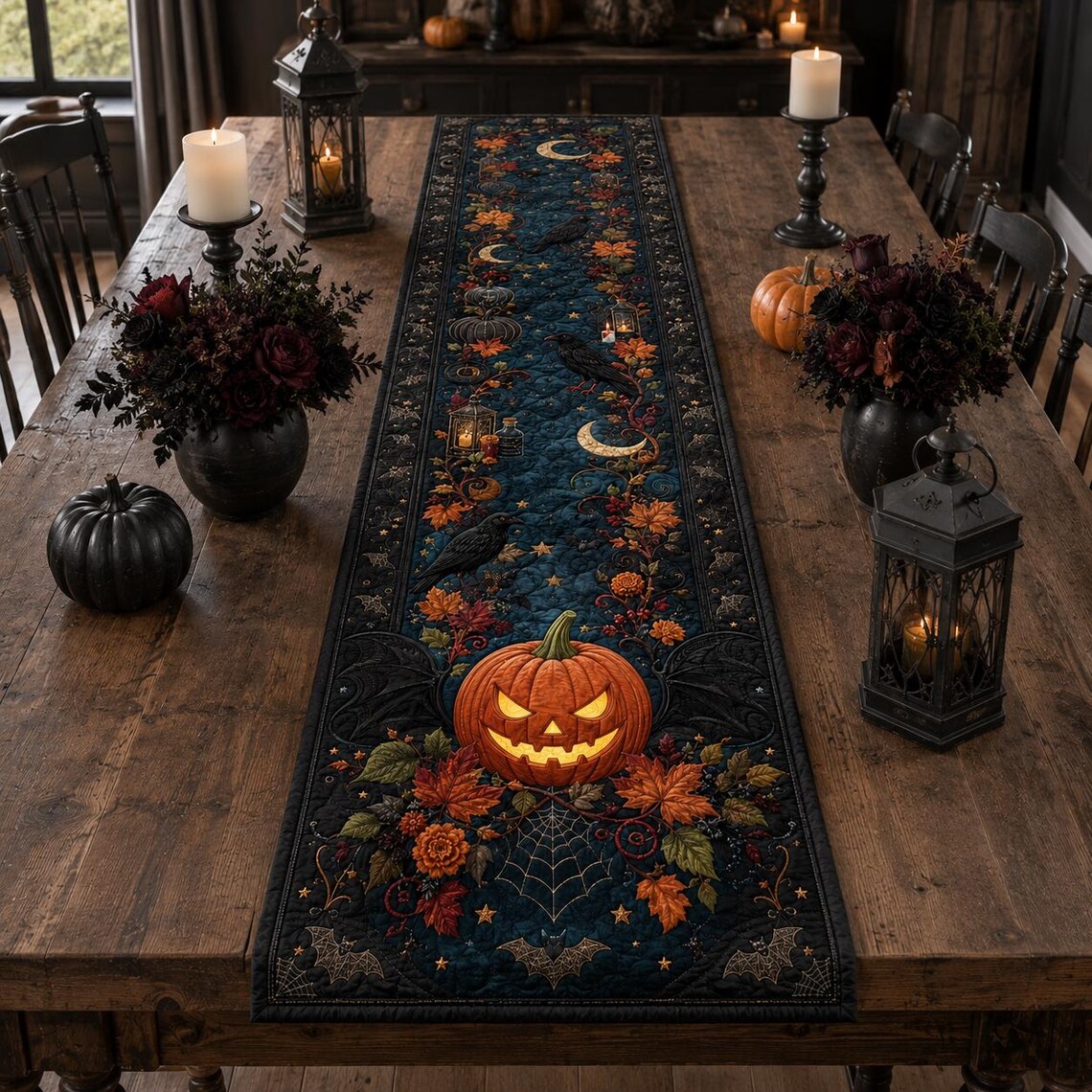 Halloween Pumpkin Quilt Table Runner Gothic Spooky Table Linen Merch Gift For Gothic