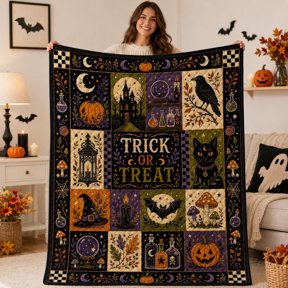 Halloween Quilt Blanket Black Cat Ghost Bat Pumpkin Throw Spooky Rustic Patchwork Decor Gift
