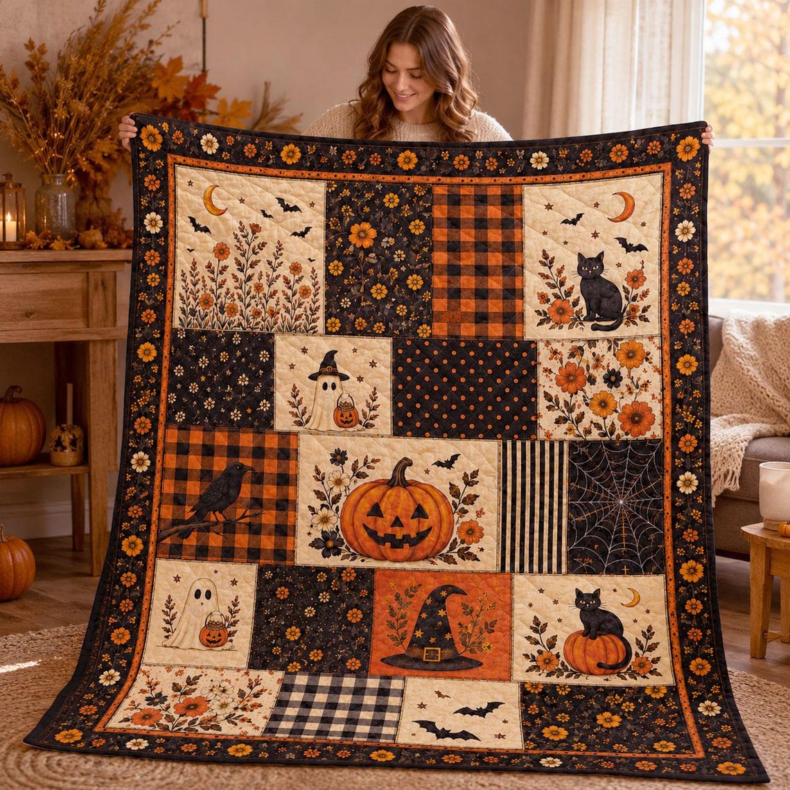Halloween Quilt Blanket Black Cat Ghost Pumpkin Throw Gothic Farmhouse Halloween Gift