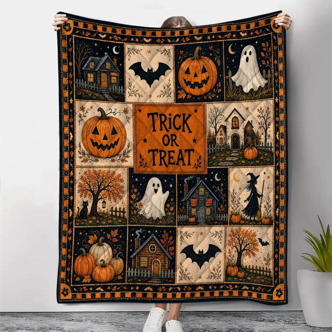 Halloween Quilt Blanket Cute Ghost Pumpkin Throw Trick Or Treat Rustic Autumn Patchwork Gift