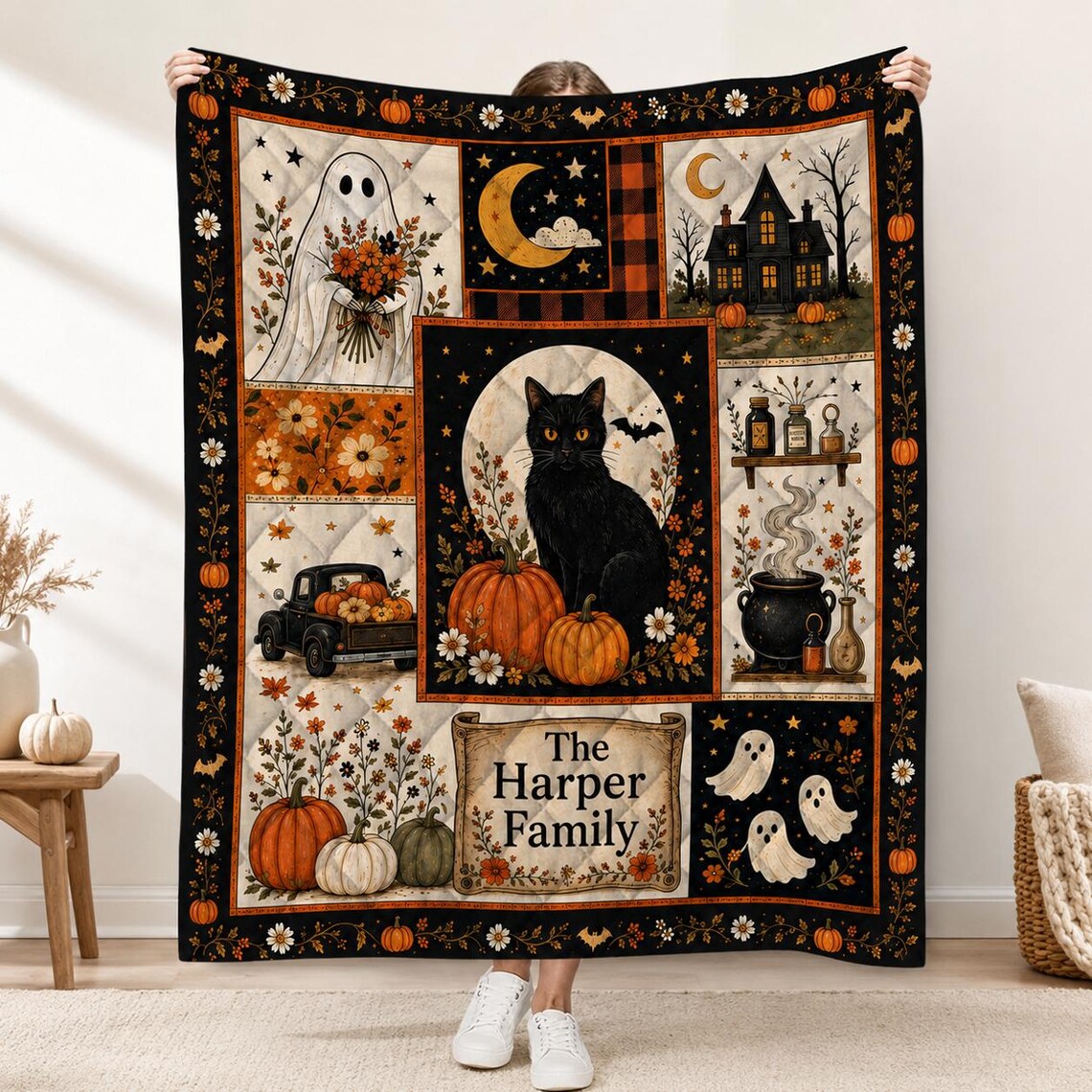 Halloween Quilt Blanket Pumpkin Cute Ghost Patchwork Throw Spooky Gift For Black Cat Lover