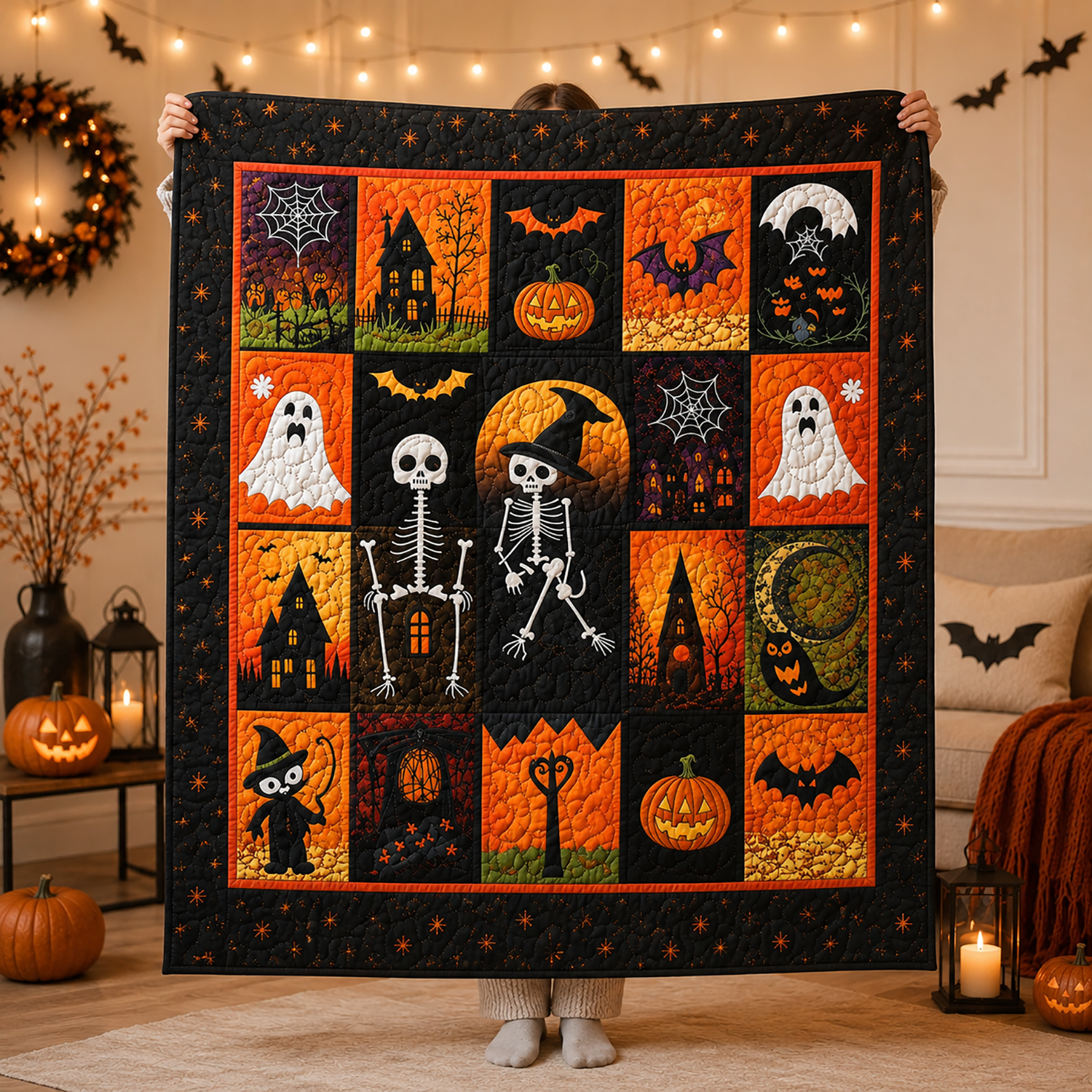 Halloween Quilt Blanket Skeleton And Ghost Character Throw Trick Or Treat Home Decor Gift