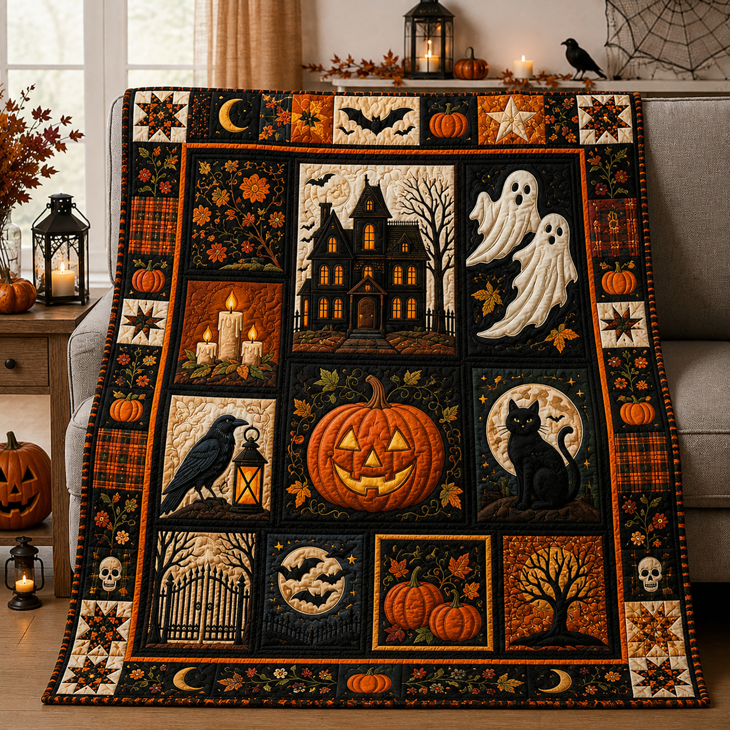 Halloween Quilt Blanket Spooky Pumpkin Patch Throw Black Cat Ghost Gift For Halloween