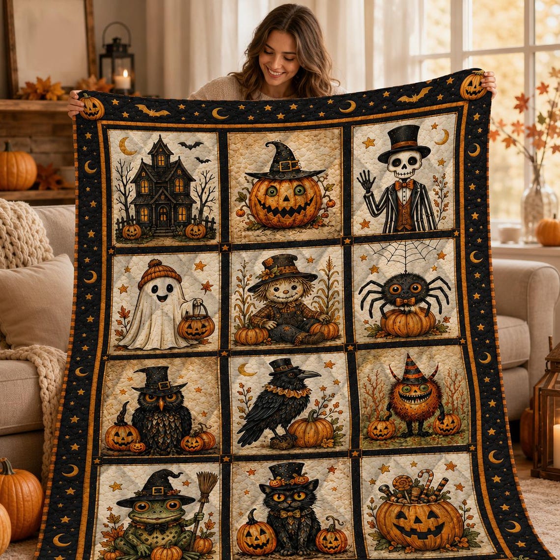 Halloween Quilt Blanket Vintage Spooky Patchwork Throw Witchy Ghost Pumpkin Black Cat Gift