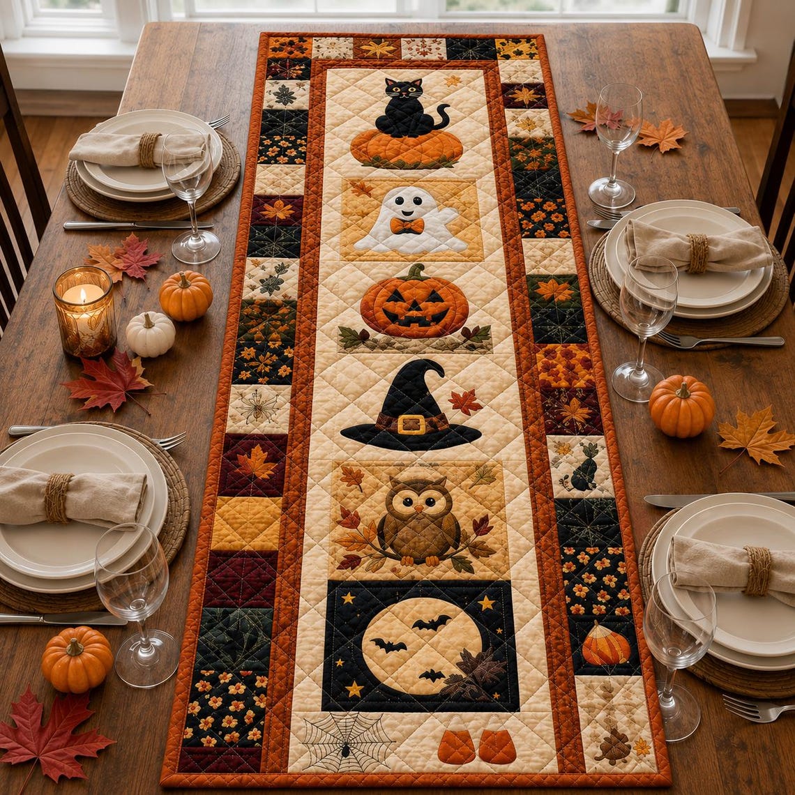 Halloween Quilt Table Runner Fall Autumn Patchwork Decor Merch Gift For Autumn