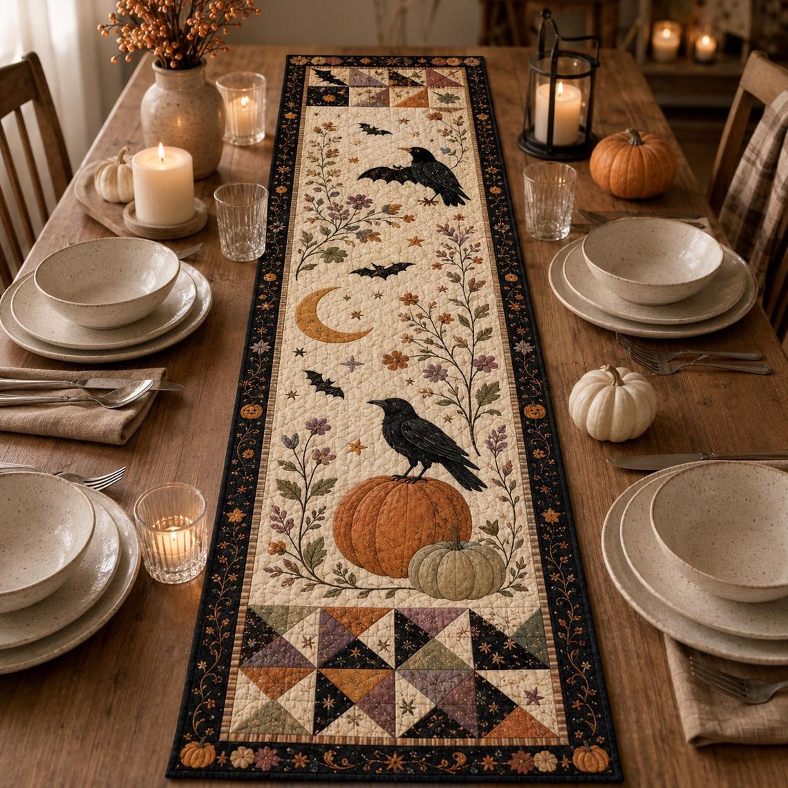 Halloween Quilt Table Runner Fall Pumpkin Cat Merch Gift For Halloween