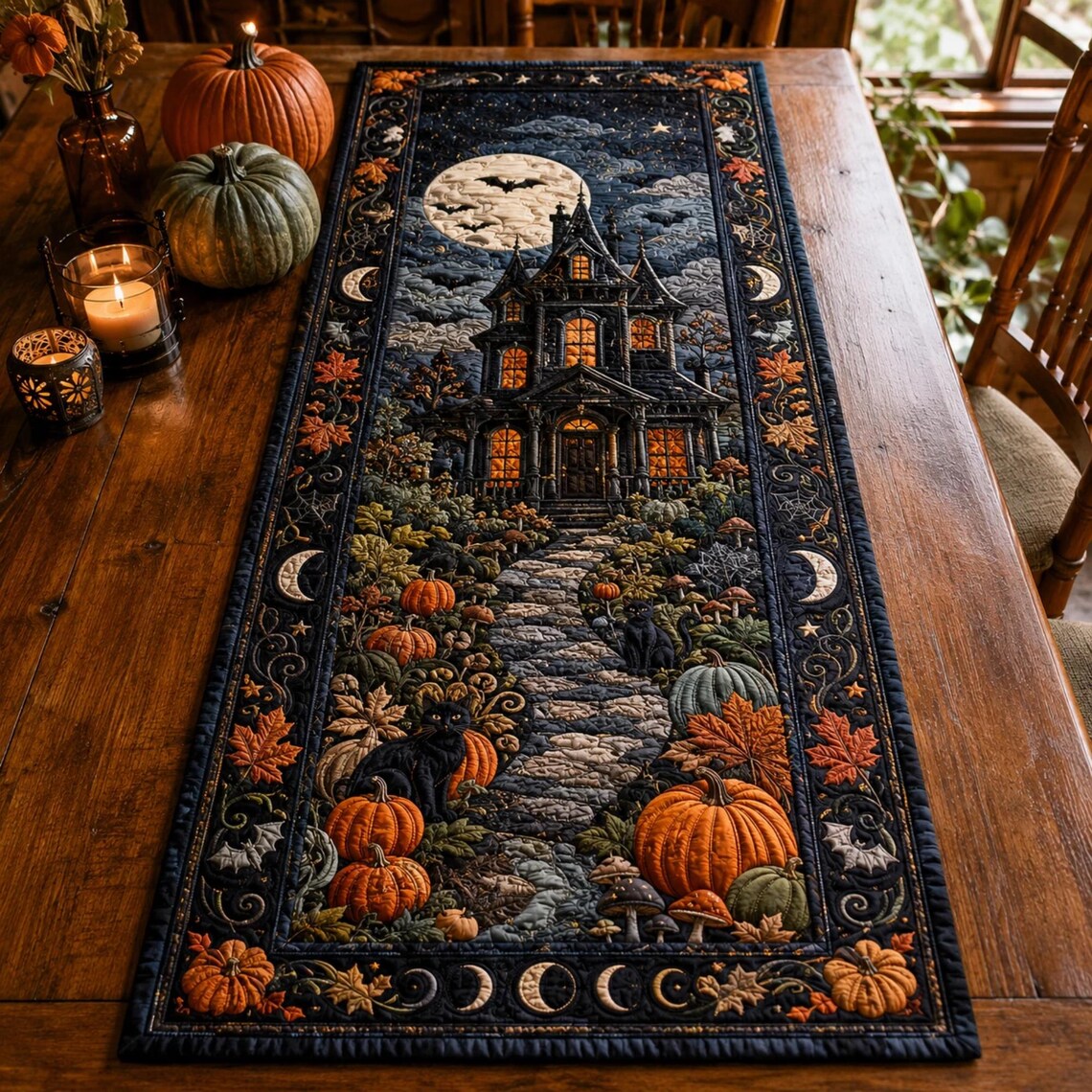 Halloween Quilt Table Runner Haunted House Black Cat Pumpkin Merch Gift For Gothic