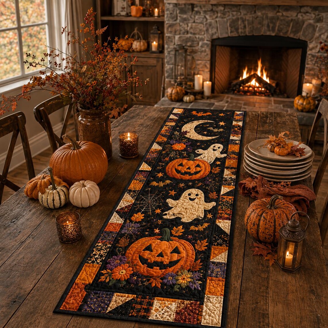 Halloween Quilt Table Runner Pumpkin Ghost Moon Decor Merch Gift For Home