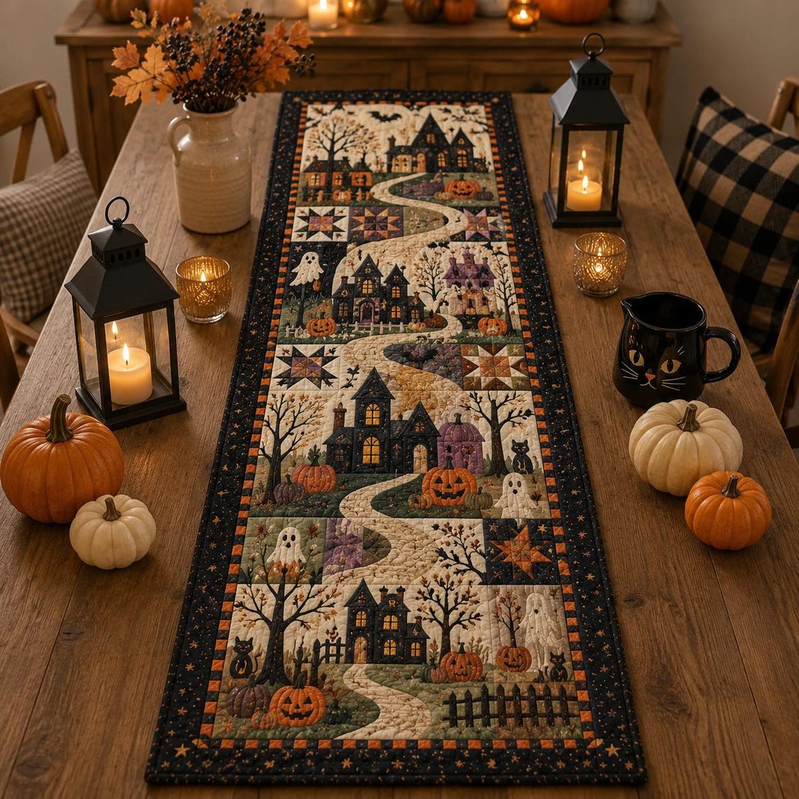Halloween Quilted Table Runner Fall Pumpkin Cat Ghost Bat Table Decor Spooky Autumn Gift
