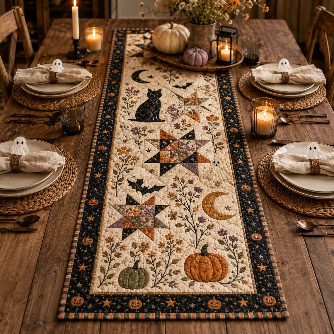 Halloween Quilted Table Runner Fall Table Runner Pumpkin Cat Ghost Gift
