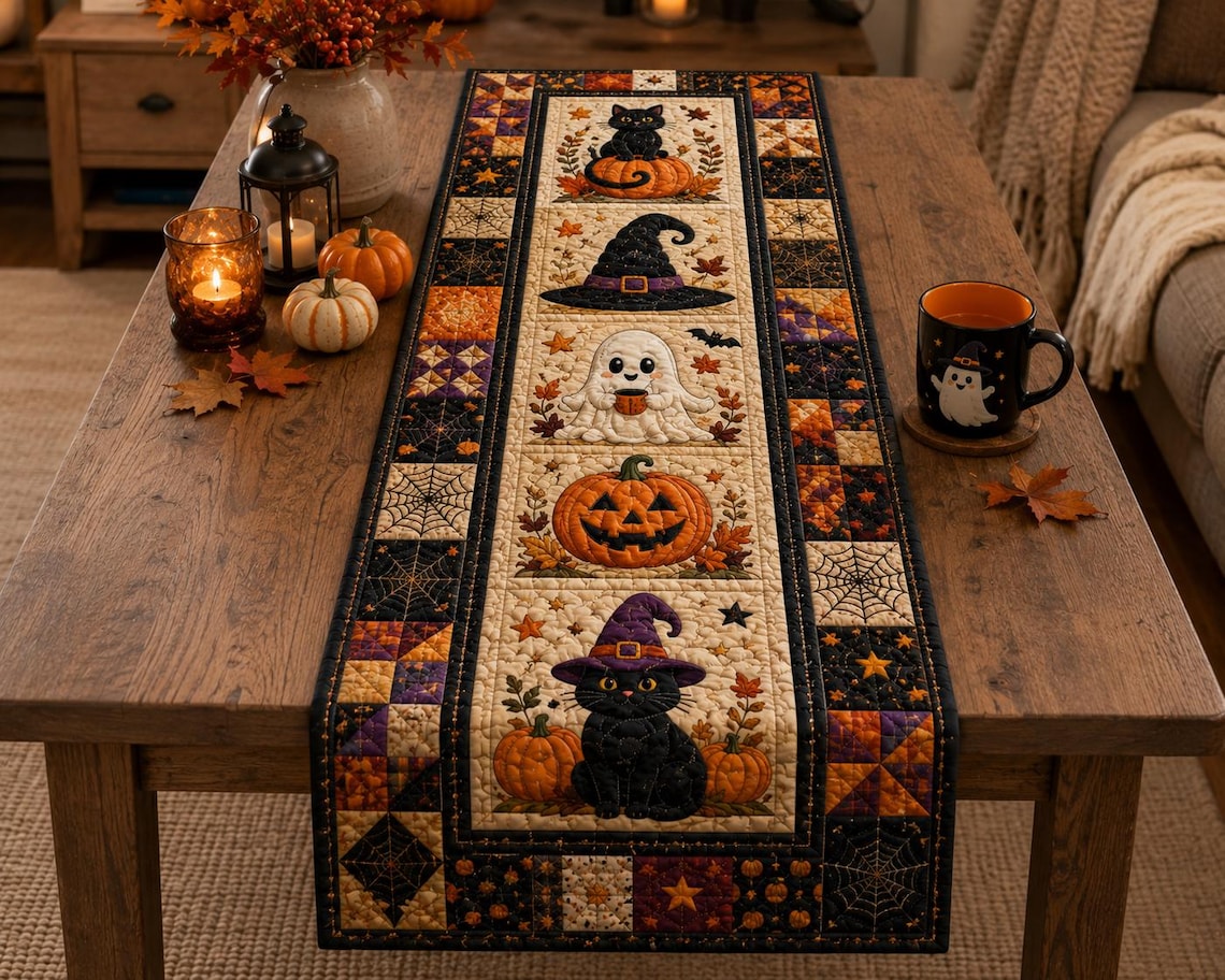 Halloween Quilted Table Runner Pumpkin And Black Cat Fall Table Runner Autumn Farmhouse Gift