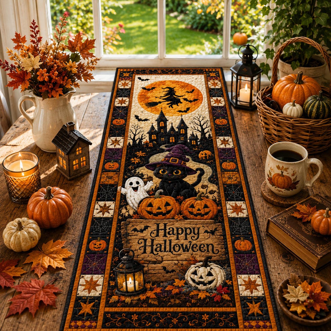 Halloween Quilted Table Runner Pumpkin Black Cat Table Runner Haunted House Halloween Decor Gift