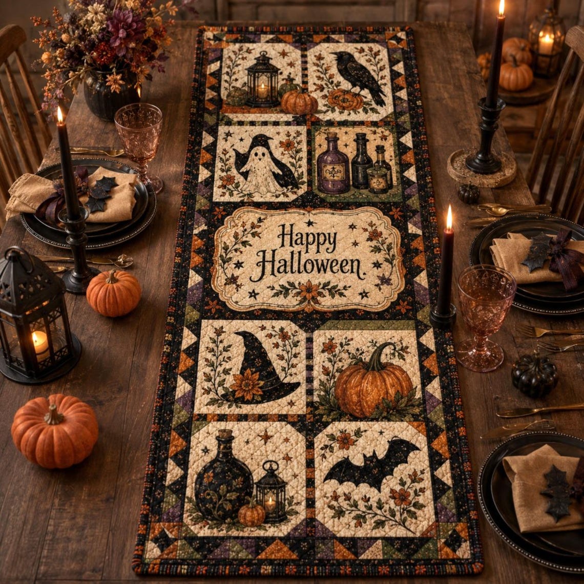 Halloween Quilted Table Runner Pumpkin Cat Ghost Bat Table Decor Spooky Autumn Gift