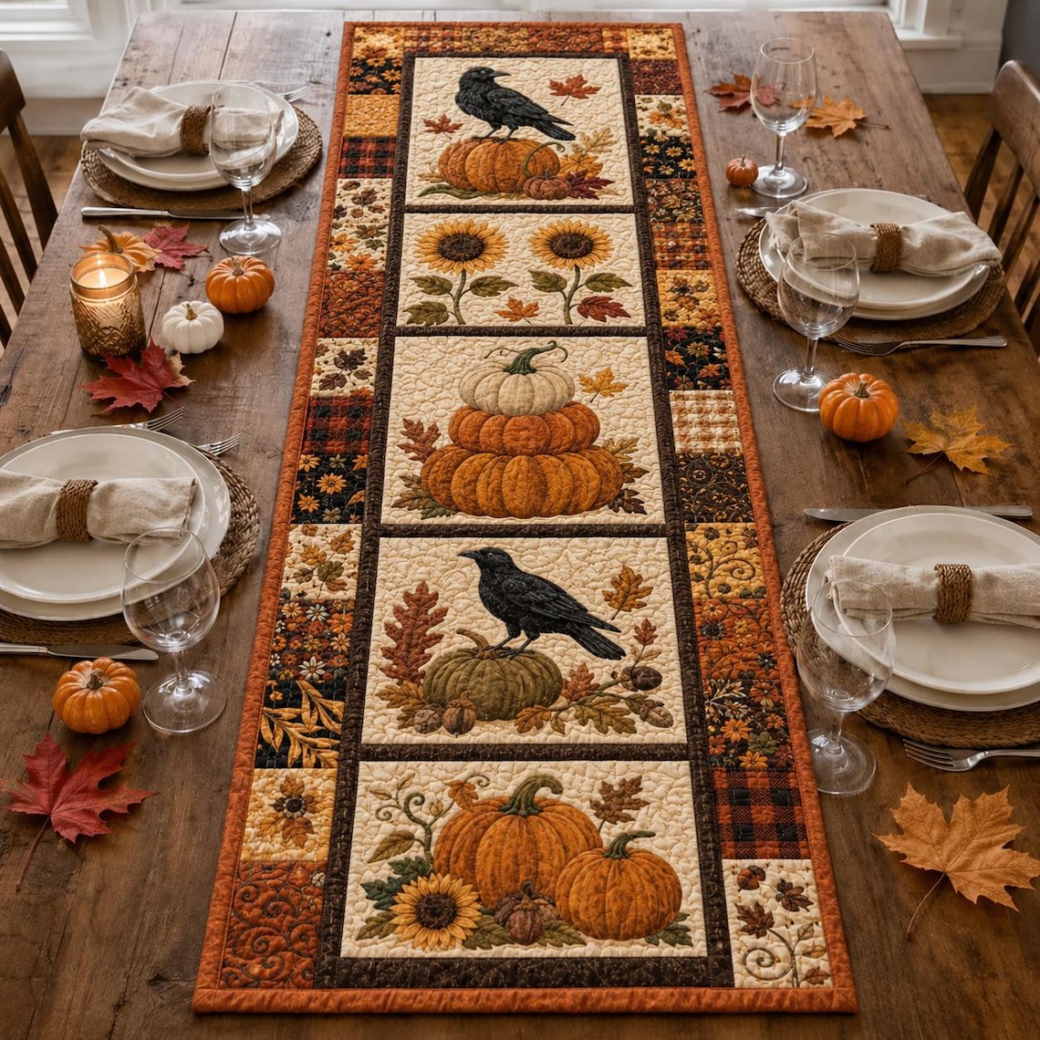 Halloween Quilted Table Runner Pumpkin Cat Ghost Bat Table Decor Spooky Autumn Gift For Mom