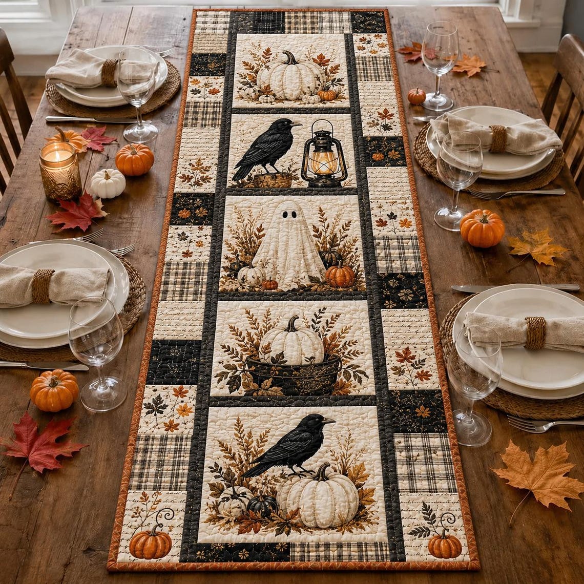 Halloween Quilted Table Runner Pumpkin Cat Ghost Bat Table Decor Spooky Autumn Gift For Sister