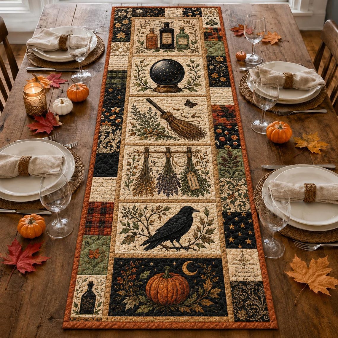 Halloween Quilted Table Runner Pumpkin Cat Ghost Bat Table Decor Spooky Autumn Gift Ideas