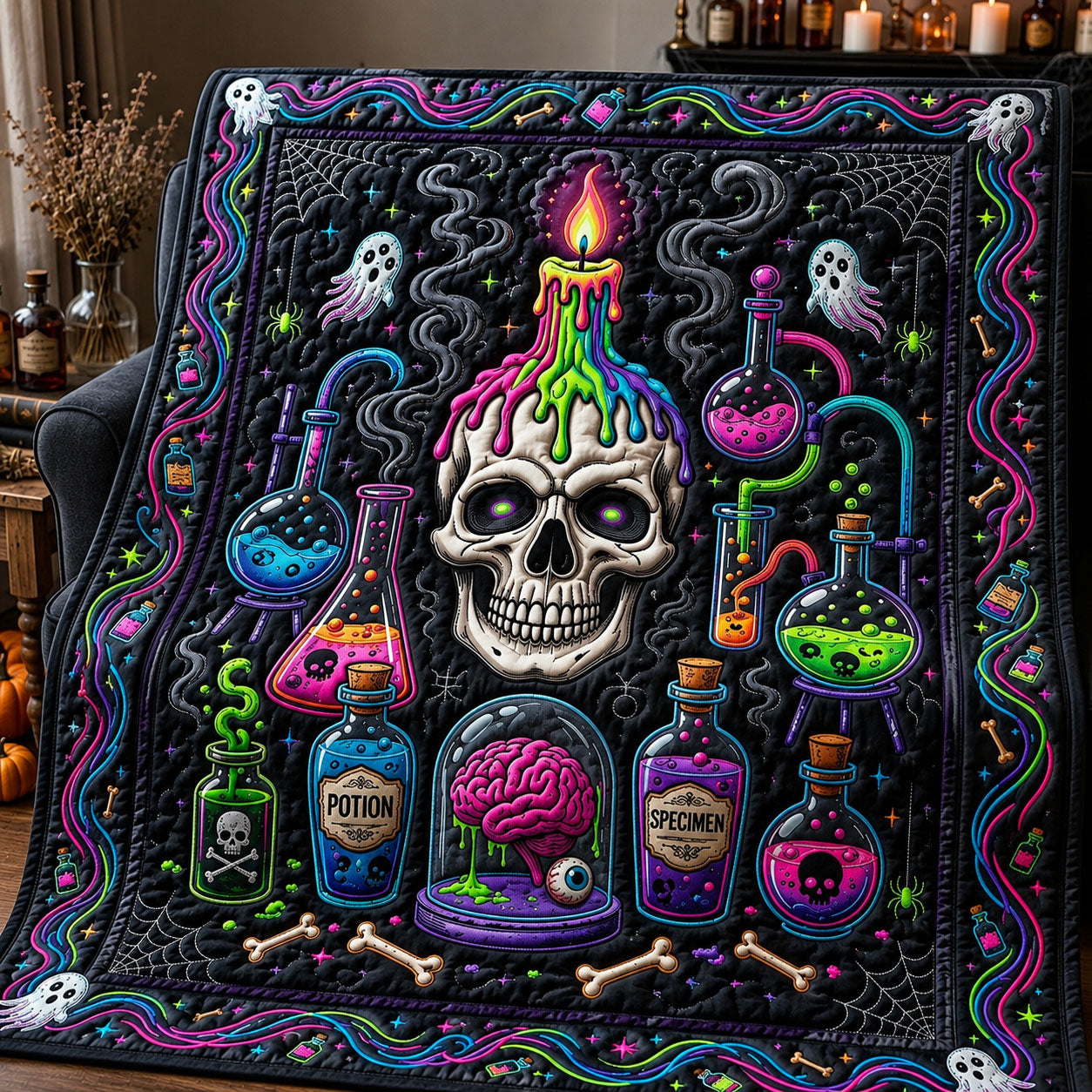 Halloween Skeleton Quilted Blanket Skeleton Pumpkin Ghosts Merch Gifts For House Lovers