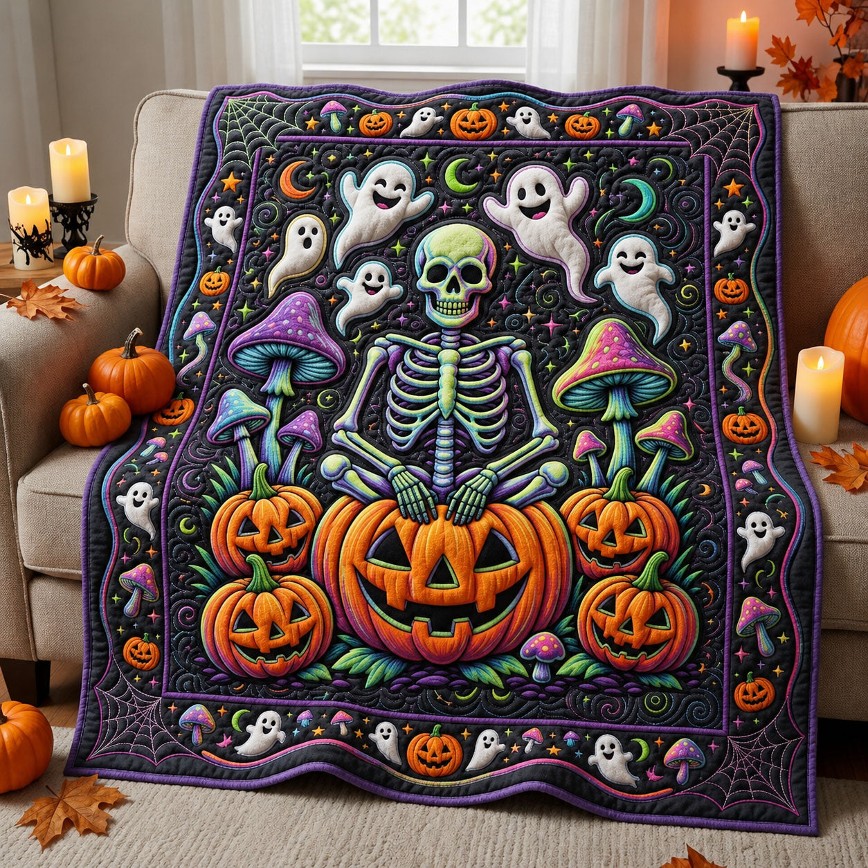 Halloween Skeleton Quilted Blanket Spooky Skeleton Pumpkin Merch Gift For Teenagers And Friends